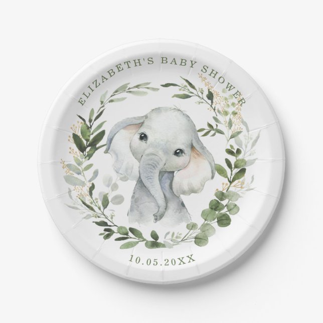 Sweet Greenery Gold Jungle Elephant Baby Shower Paper Plate (Front)