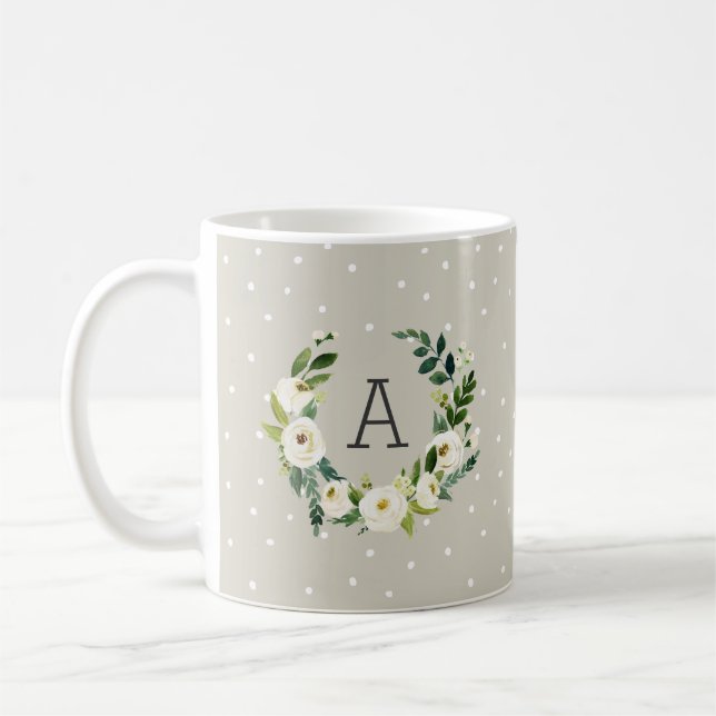 Sweet Greenery Wreath and Greige Dots Monogram Coffee Mug (Left)