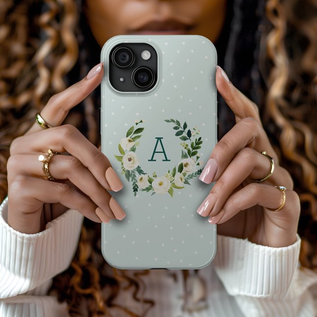 Sweet Greenery Wreath and Mint Dots Monogram Case-Mate iPhone Case (Creator Uploaded)