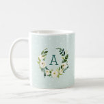 Sweet Greenery Wreath and Mint Dots Monogram Coffee Mug<br><div class="desc">Custom monogrammed coffee mug personalized with your initial or other text. This simple farmhouse inspired design features a watercolor wreath of greenery and white flowers on a mint polka dot background. Add your monogram letter in the botanical frame. Use the design tools to choose any background colour, change text fonts...</div>