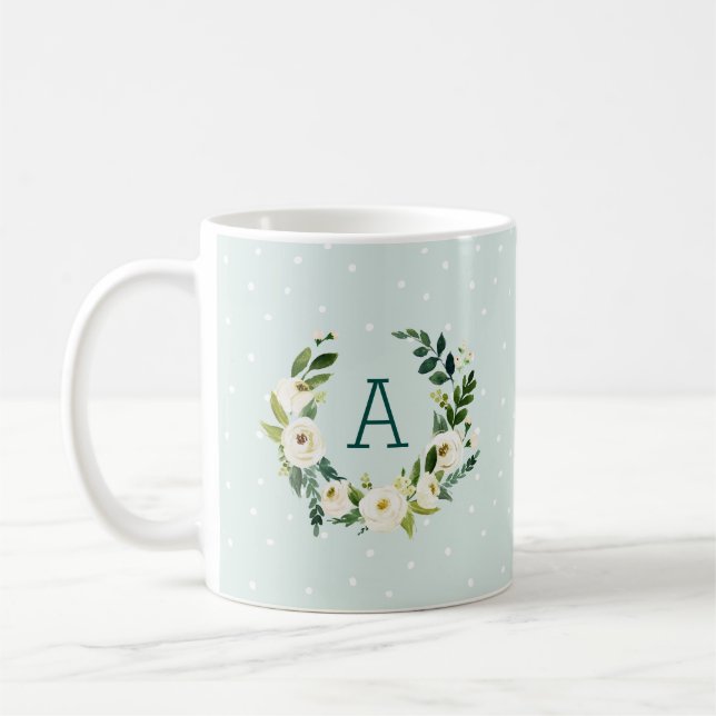 Sweet Greenery Wreath and Mint Dots Monogram Coffee Mug (Left)