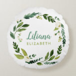 Sweet Greenery Wreath Baby Name Monogram Round Pillow<br><div class="desc">Custom round throw pillow with a pretty watercolor greenery wreath on a white background. Personalize it with your baby's name or other text in any fonts and colours. Use the design tools to upload your own photos and edit the text and colours to match any nursery decor.</div>