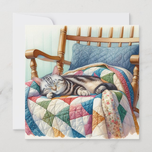 Sweet Grey Cat Sleeping on a Quilt (Front)