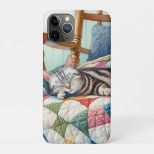 Sweet Grey Cat Sleeping on a Quilt iPhone 11 Pro Case