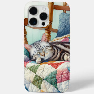 Sweet Grey Cat Sleeping on a Quilt iPhone 15 Pro Max Case