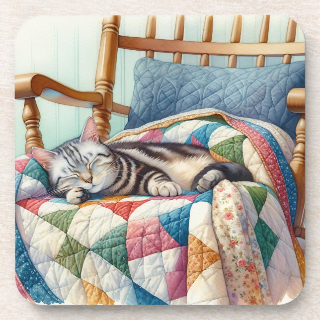 Sweet Grey Cat Sleeping on a Quilt Coaster (Front)
