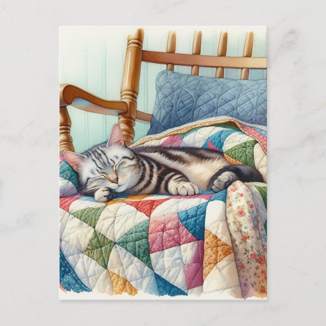 Sweet Grey Cat Sleeping on a Quilt Postcard (Front)
