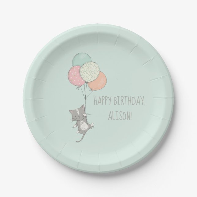 Sweet Grey Cat with Balloons Birthday Party Paper Plate (Front)