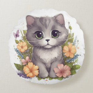 Sweet Grey Kitten with Flowers Kawaii Chibi Round Pillow