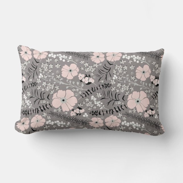 Sweet Grey Pink White Whimsical Floral Pattern Lumbar Pillow (Front)