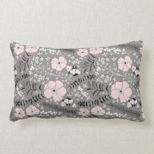 Sweet Grey Pink White Whimsical Floral Pattern Lumbar Pillow