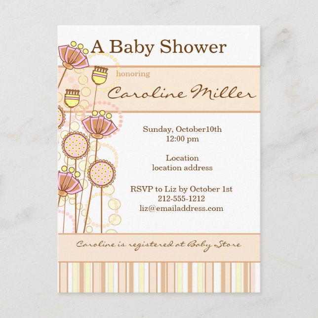Sweet Groovy Blooms Baby Shower Invitation Postcard (Front)