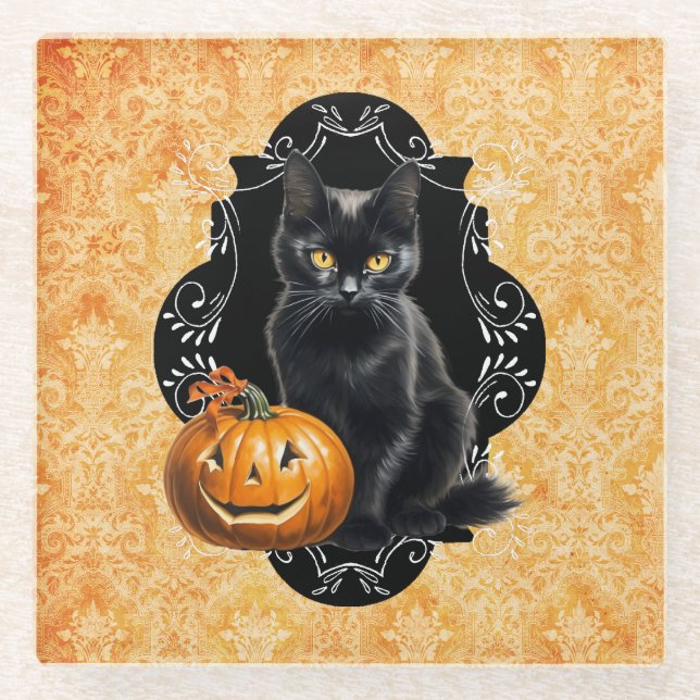 Sweet Halloween Black Cat and Pumpkin Glass Coaster (Front)