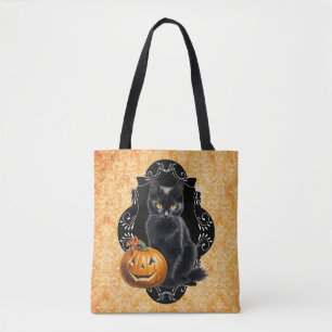 Sweet Halloween Black Cat and Pumpkin Tote Bag