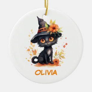Sweet Halloween Cat Custom Name Ceramic Ornament