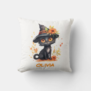 Sweet Halloween Cat Custom Name Throw Pillow