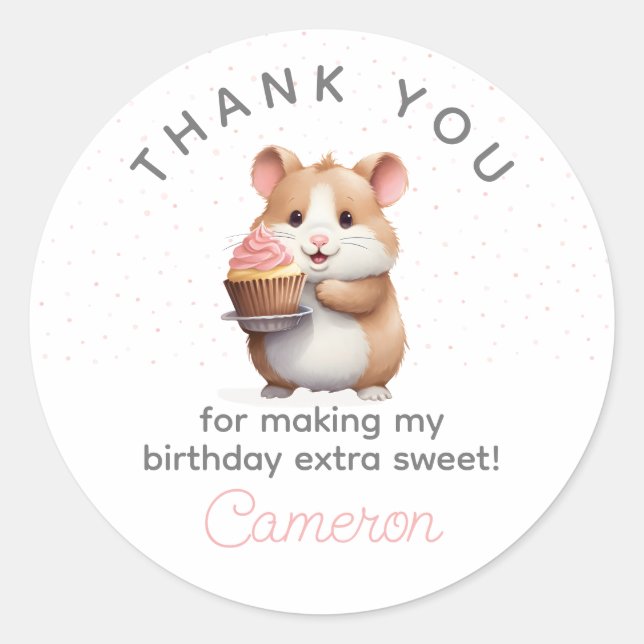 Sweet Hamster, Pink Cupcake Children's Birthday  Classic Round Sticker (Front)