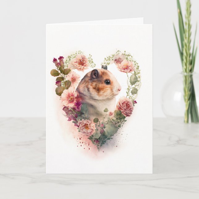 Sweet Hamster with Pink Flowers Valentine's Day Holiday Card (Front)