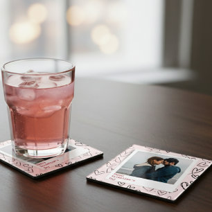 Sweet Happy Valentine Day Pink Black Heart Couple Glass Coaster