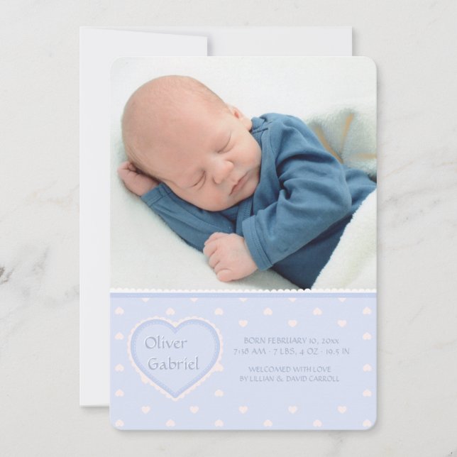 Sweet Heart Blue Photo Birth Announcement (Front)