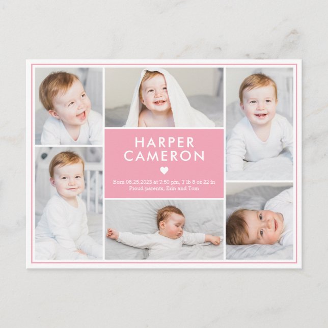 Sweet Heart Editable Colour Birth Announcement Pos Postcard (Front)