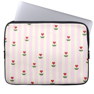 Sweet Heart Flower Pattern – Soft Pink Striped Laptop Sleeve