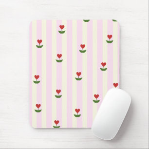 Sweet Heart Flower Pattern – Soft Pink Striped Mouse Pad