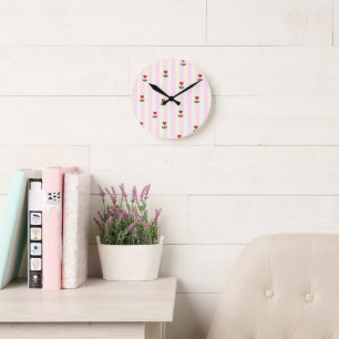 Sweet Heart Flower Pattern – Soft Pink Striped  Round Clock