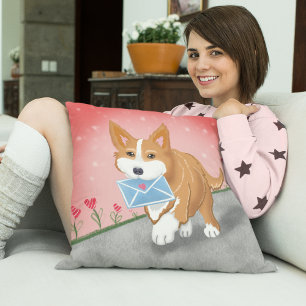 Sweet Heart Letter Delivered By Corgi Throw Pillow