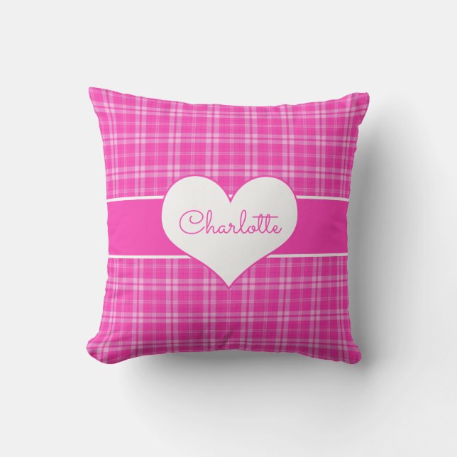 Sweet Heart Pink Plaid Monogram Throw Pillow (Front)