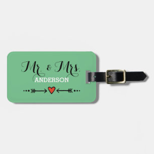 Sweet Hearts Arrows Rustic Soft Teal Green Mr Mrs Luggage Tag
