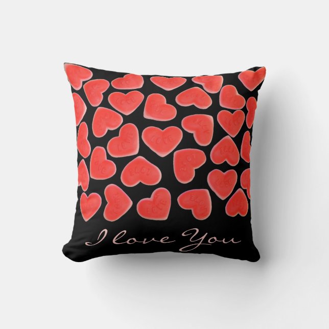 Sweet Hearts Black 'I love You' script square Throw Pillow (Front)