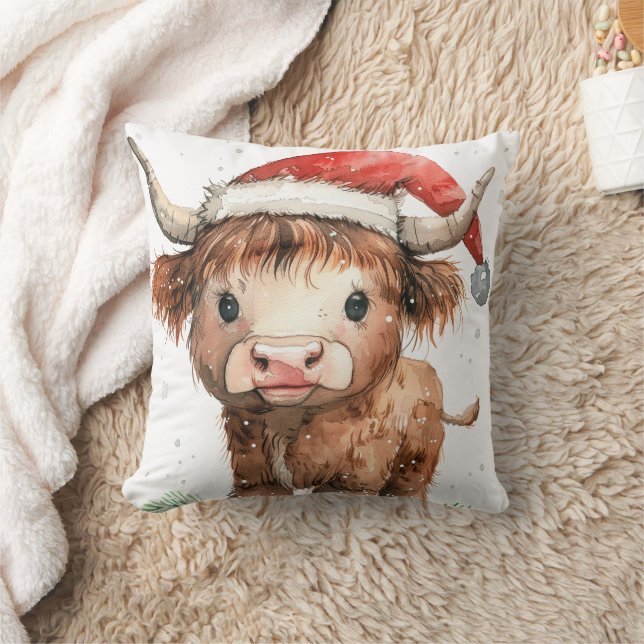 Sweet Highland Cow in Santa Hat White Throw Pillow (Blanket)