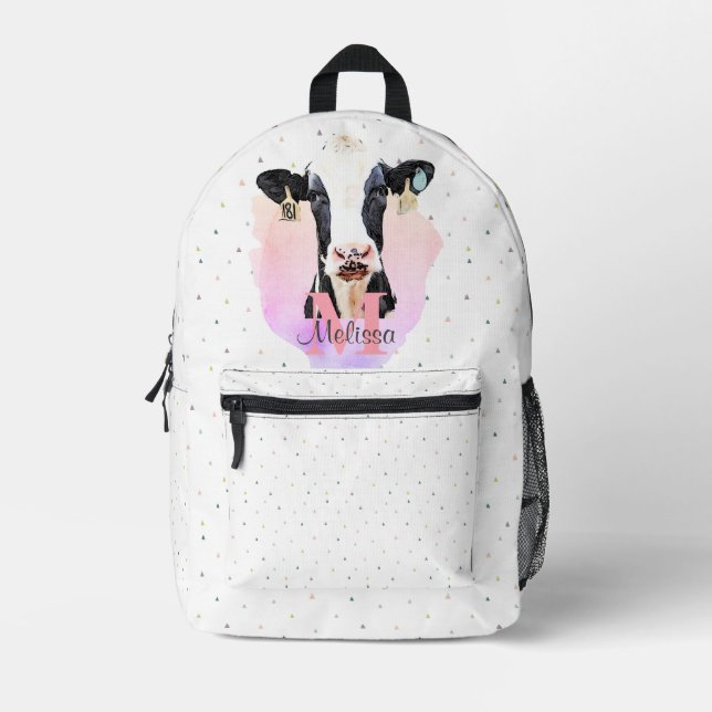 Sweet Holstein Cow Kids Pink Name Monogram Animal  Printed Backpack (Front)