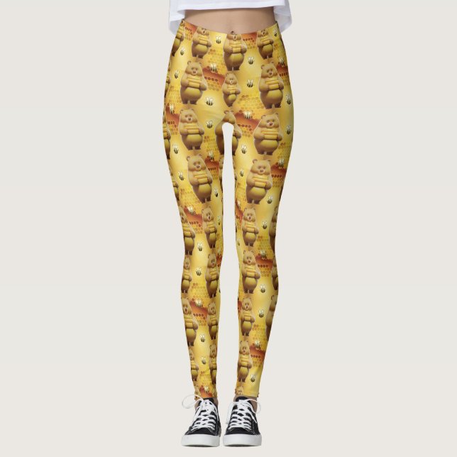 Sweet Honey Bears and Bees 3D Seamless Pattern Leggings (Front)
