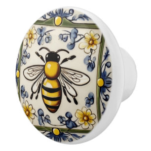 Sweet Honey Bee Blue Yellow & Green Mediterranean Ceramic Knob