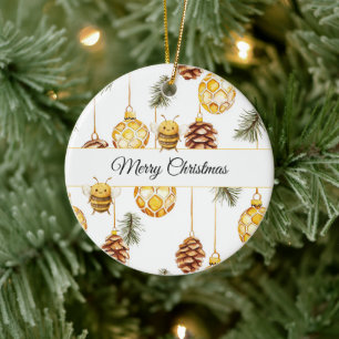 Sweet Honey Bees Pine Cones Ceramic Ornament