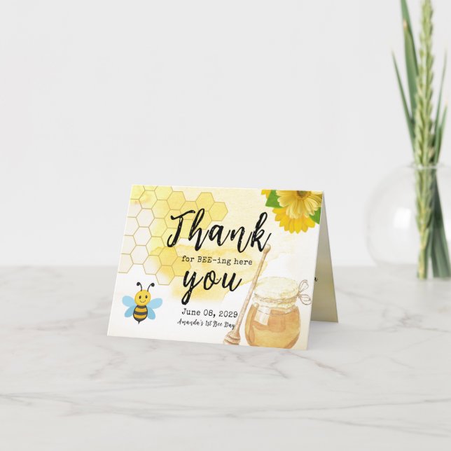 Sweet Honey with Flowers First Bee One Birthday Thank You Card (Front)