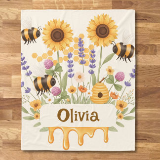 Sweet Honeybee Sunflower and Lavender Floral Fleece Blanket