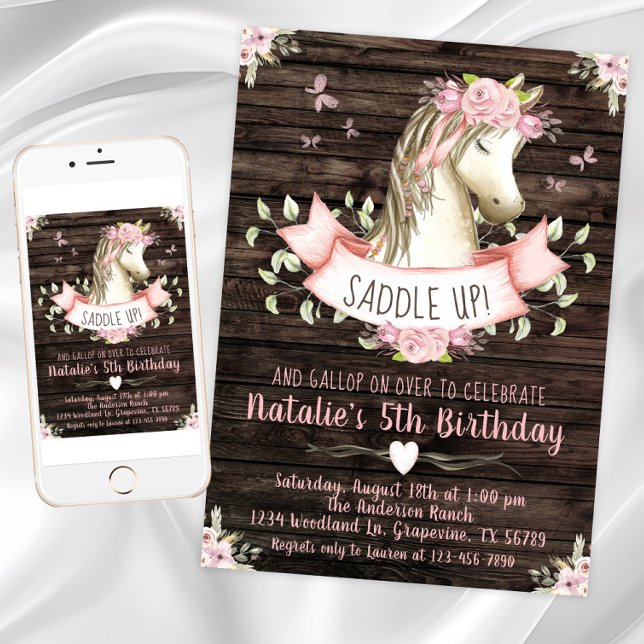 Sweet Horse Birthday Party Invitation (Girl horse birthday party invitation with horse, flowers, butterflies. Digital and print available.)