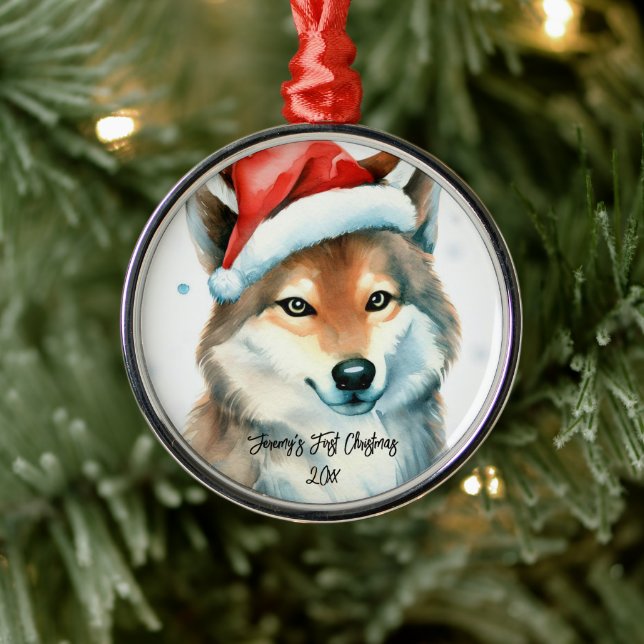 Sweet Husky Puppy in Snow First Christmas Metal Ornament (Tree)