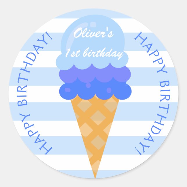 Sweet ice cream 1st birthday party blue boy classic round sticker (Front)