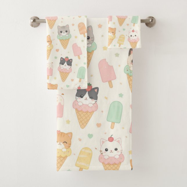 Sweet Ice Cream Cone Kittens and Popsicles Pattern Bath Towel Set (Insitu)