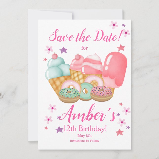 Sweet Ice Cream, Doughnut Birthday, Any Age     Save The Date (Front)