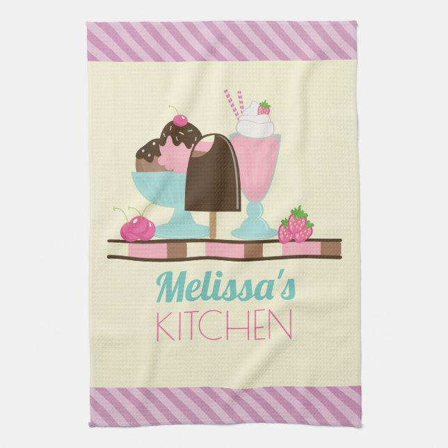 Sweet Ice Cream Sundae & Strawberry Float Kitchen Towel (Vertical)