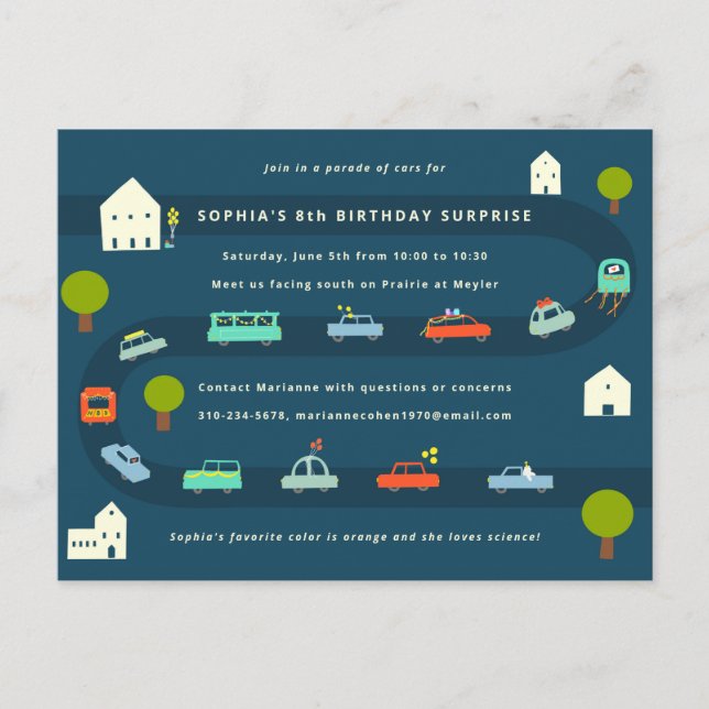 Sweet Illustrated Car Birthday Parade Invitation Postcard (Front)