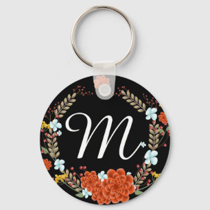 Sweet Illustrated Flower & Laurel Wreath Monogram Keychain