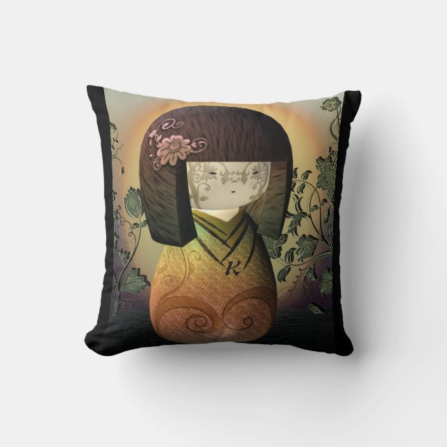 Sweet Japanese Kokeshi Doll Personalized Monogram Throw Pillow (Front)