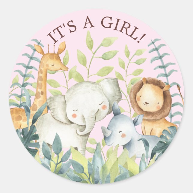 Sweet Jungle Animals It' a GIRL Favour Sticker (Front)