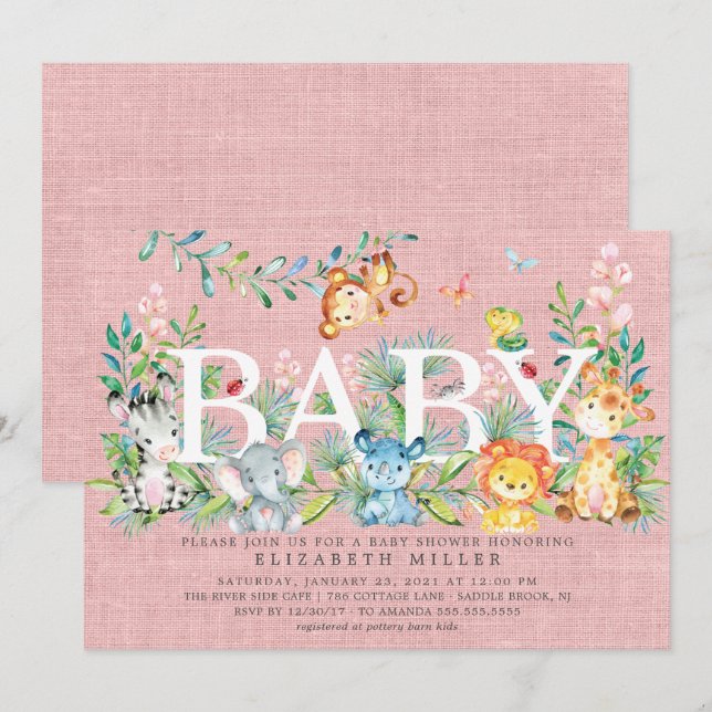 Sweet Jungle Animaux Filles Baby shower Invitation (Devant / Derrière)